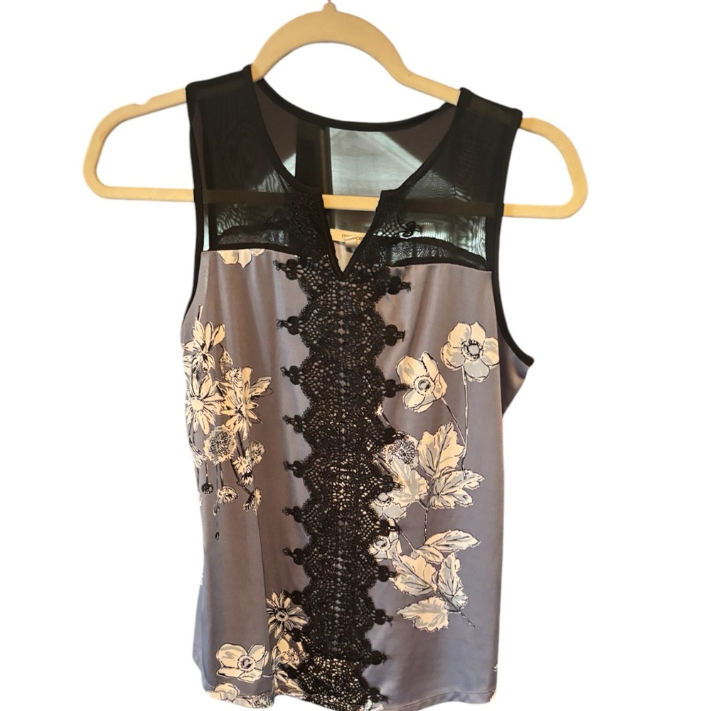 Floral Lace Trim Sleeveless Top - Black and Gray